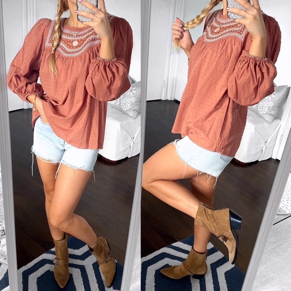 π MAX STUDIO BOHO TAUPE FLORAL EMBROIDERED LOOSE TOP! - Picture 12 of 13